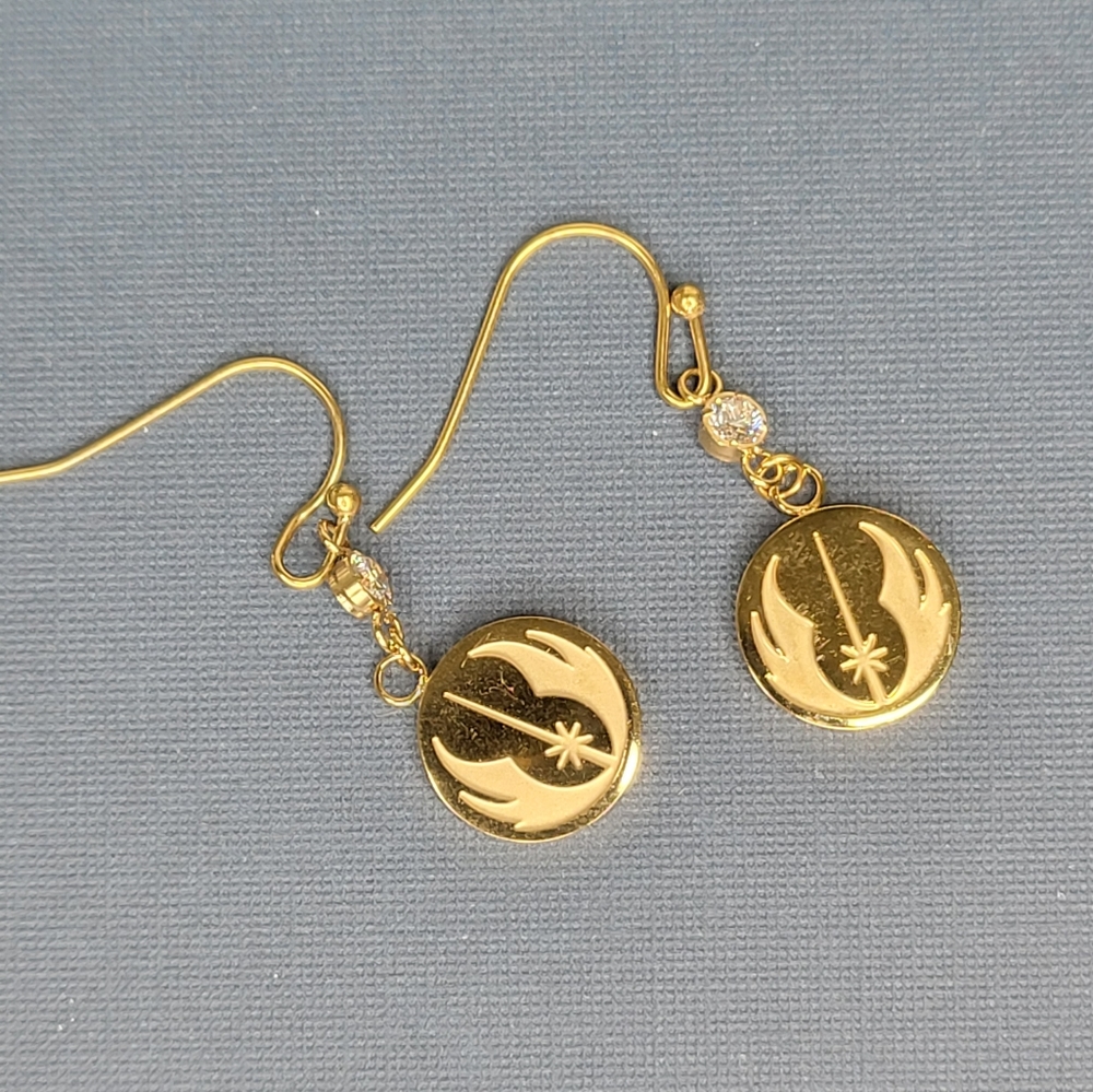 Star Wars Jedi Order Symbol Gold Tone w/CZ's Dangle Stainless Earrings - Picture 3 of 4